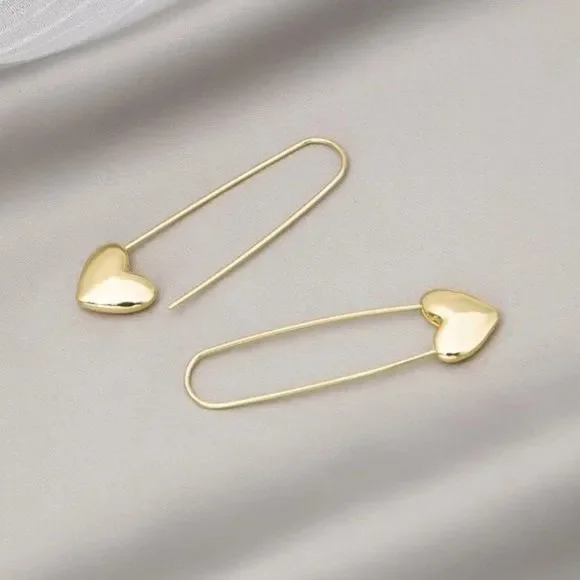 7/$35 Gold Color Heart Safety Pin Earrings Gold Locket Earrings - Picture 3 of 5